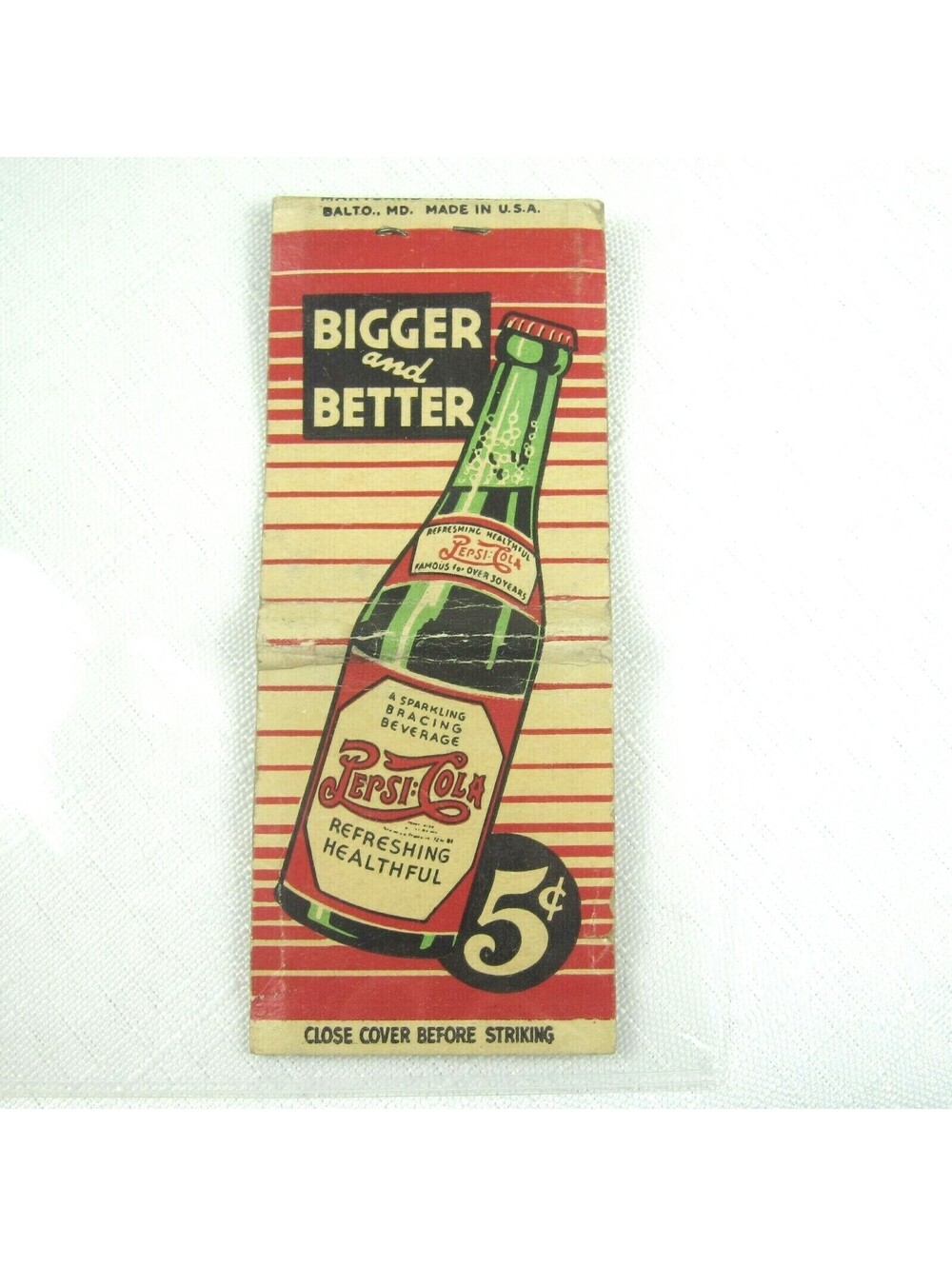 Vintage 1930s Matchbook Cover Pepsi Cola Double Dot Green Bottle Bigger Better